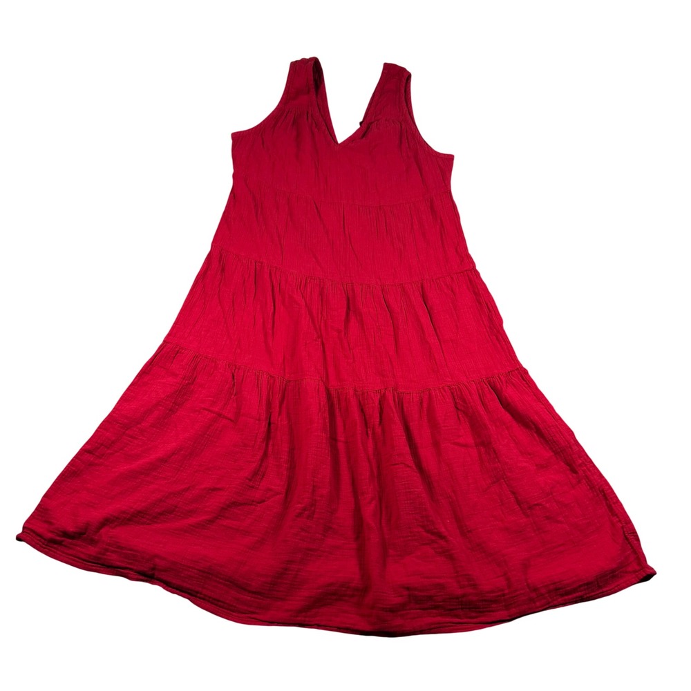 Quince Dress Womens XL Red Organic Cotton Gauze Tiered Midi V-Neck Sleeveless
